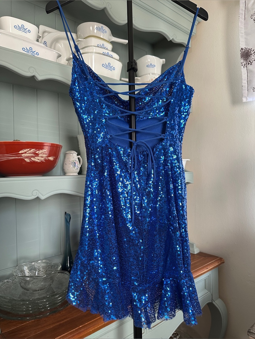 Lucy in the Sky Royal Blue Sequin Ruffle Bottom Mini Slip Dress - Picture 4 of 11